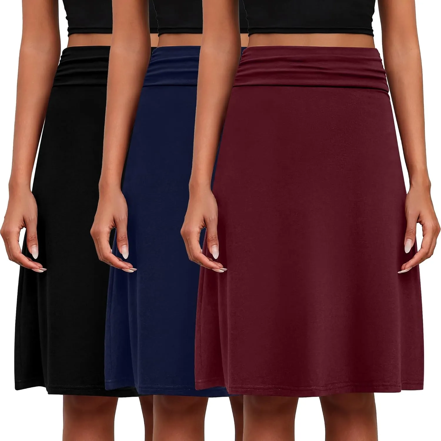 3 Pack Womens Midi Skirts Flowy Lightweight Knee Length Casual Elastic Waist Modest Flared Skirts Trendy Summer