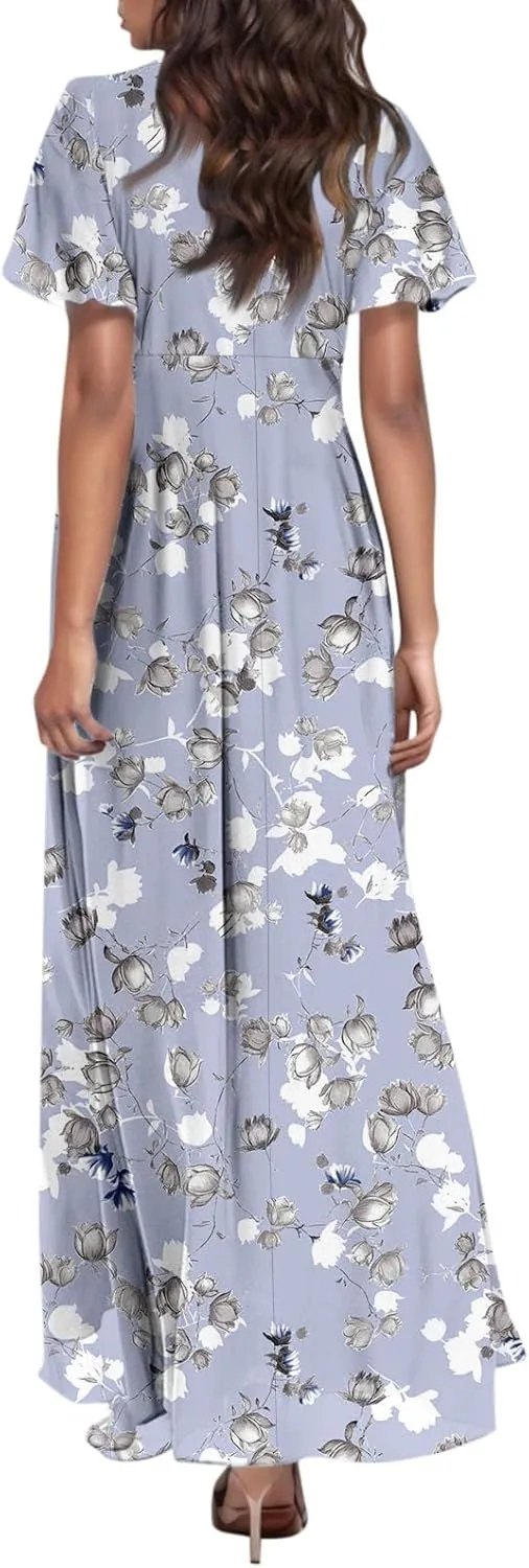 A Line Dresses for Women 2025 Floral Chiffon Long Summer Dresses Ruffle Short Sleeve Beach Dress for Wedding Guest