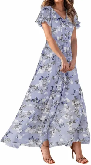 A Line Dresses for Women 2025 Floral Chiffon Long Summer Dresses Ruffle Short Sleeve Beach Dress for Wedding Guest