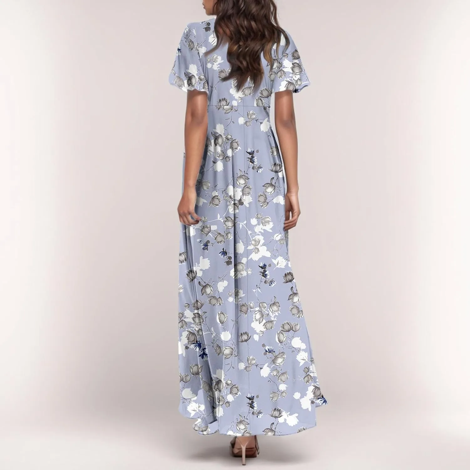 A Line Dresses for Women 2025 Floral Chiffon Long Summer Dresses Ruffle Short Sleeve Beach Dress for Wedding Guest