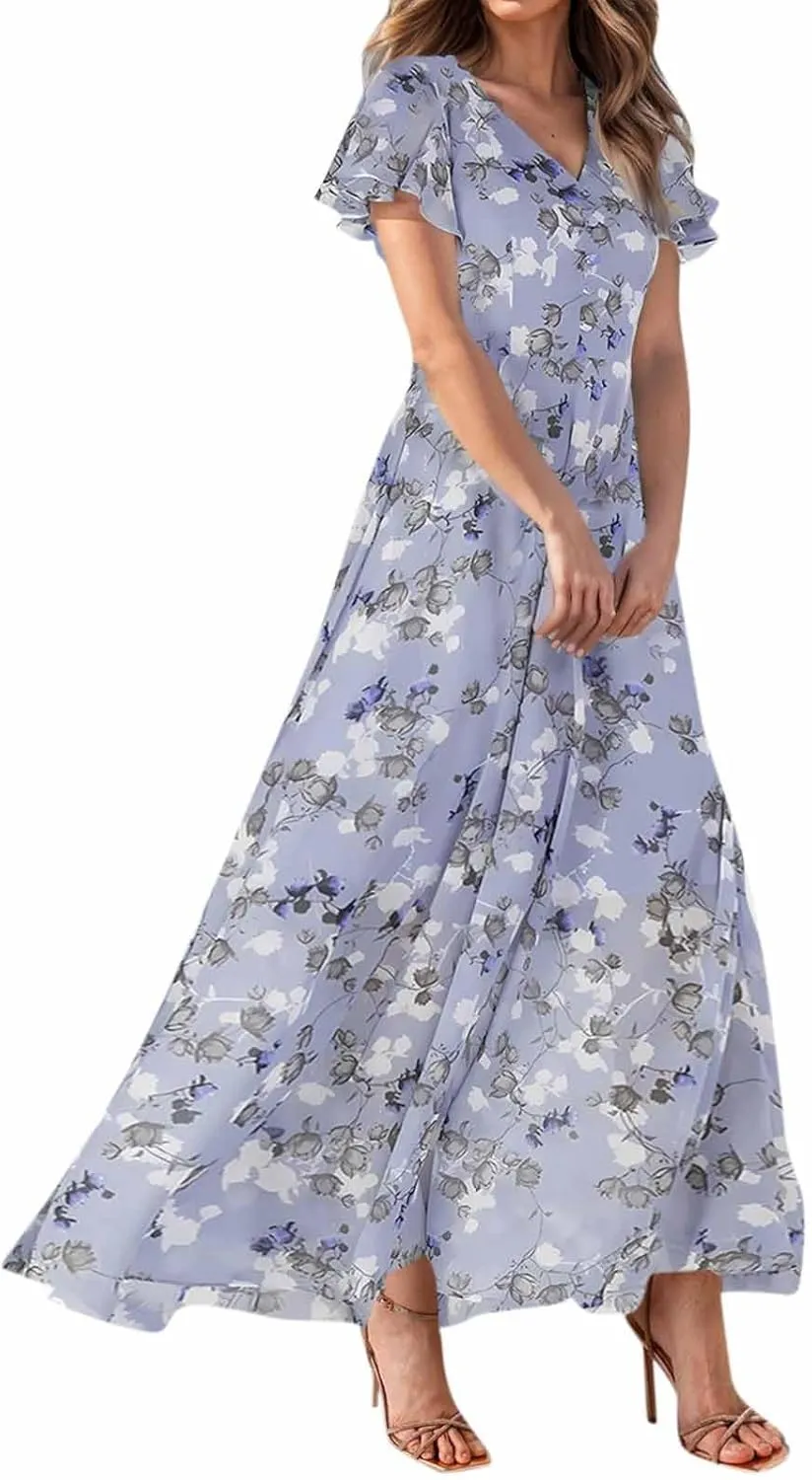 A Line Dresses for Women 2025 Floral Chiffon Long Summer Dresses Ruffle Short Sleeve Beach Dress for Wedding Guest