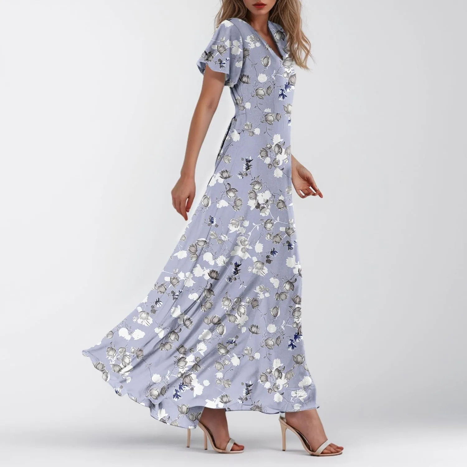 A Line Dresses for Women 2025 Floral Chiffon Long Summer Dresses Ruffle Short Sleeve Beach Dress for Wedding Guest
