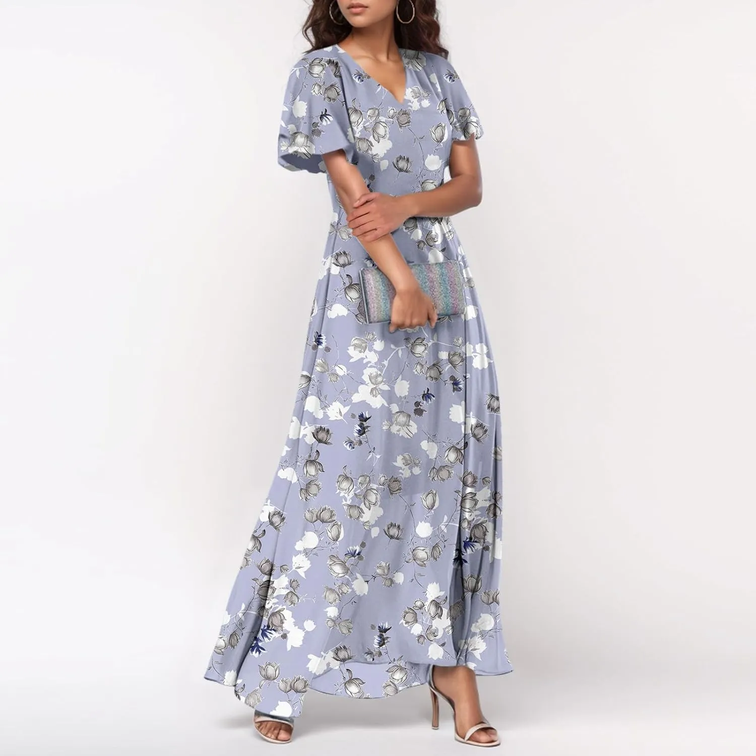 A Line Dresses for Women 2025 Floral Chiffon Long Summer Dresses Ruffle Short Sleeve Beach Dress for Wedding Guest