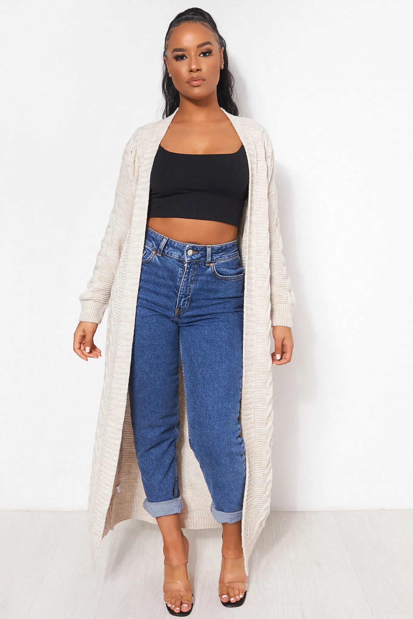Addie Beige Cable Knit Maxi Cardigan