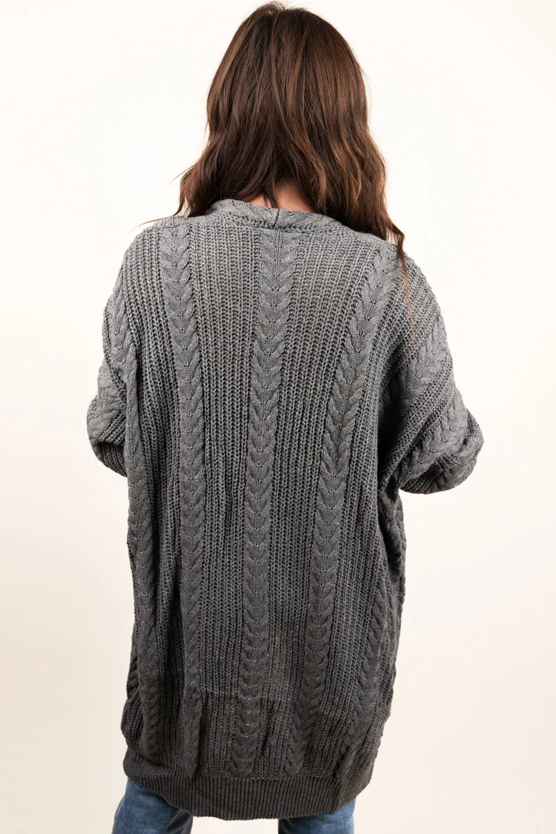 Alaskan Way Cable Knit Pocket Cardigan, Charcoal Gray