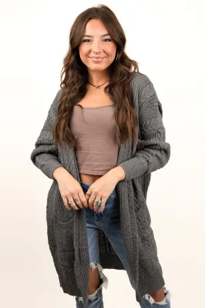 Alaskan Way Cable Knit Pocket Cardigan, Charcoal Gray