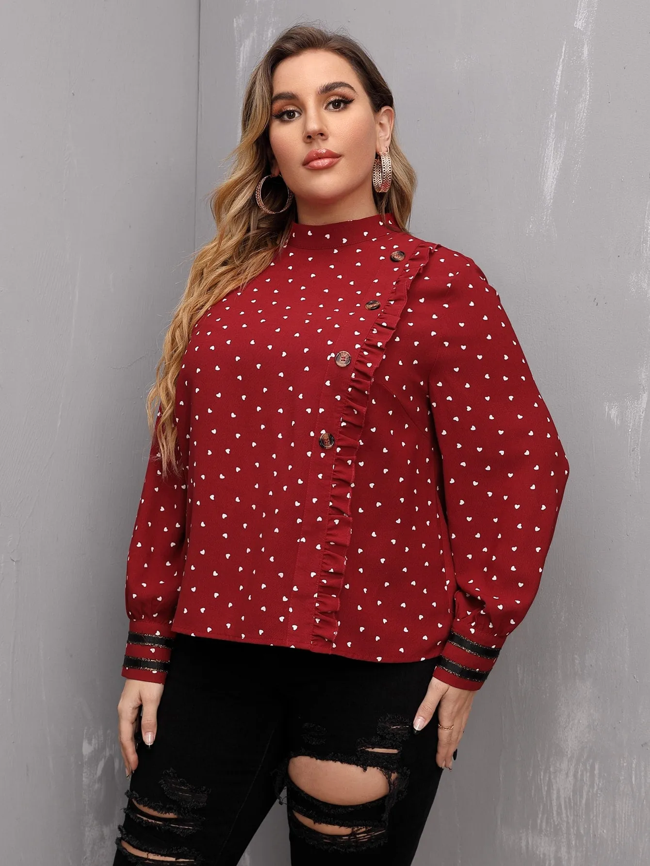 All Over Print Button Front Long Sleeve Stand Collar Regular Plus Size Blouse