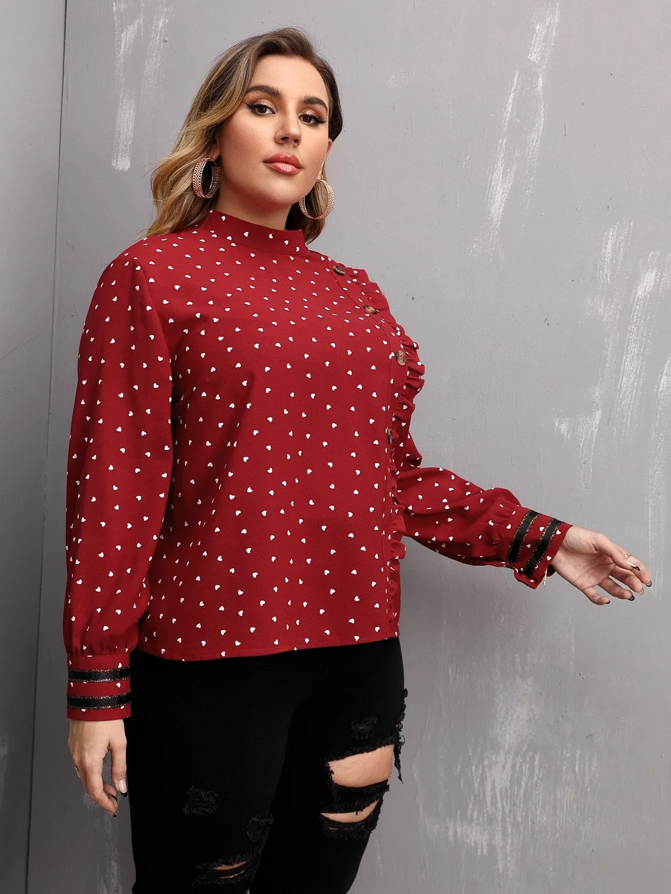 All Over Print Button Front Long Sleeve Stand Collar Regular Plus Size Blouse
