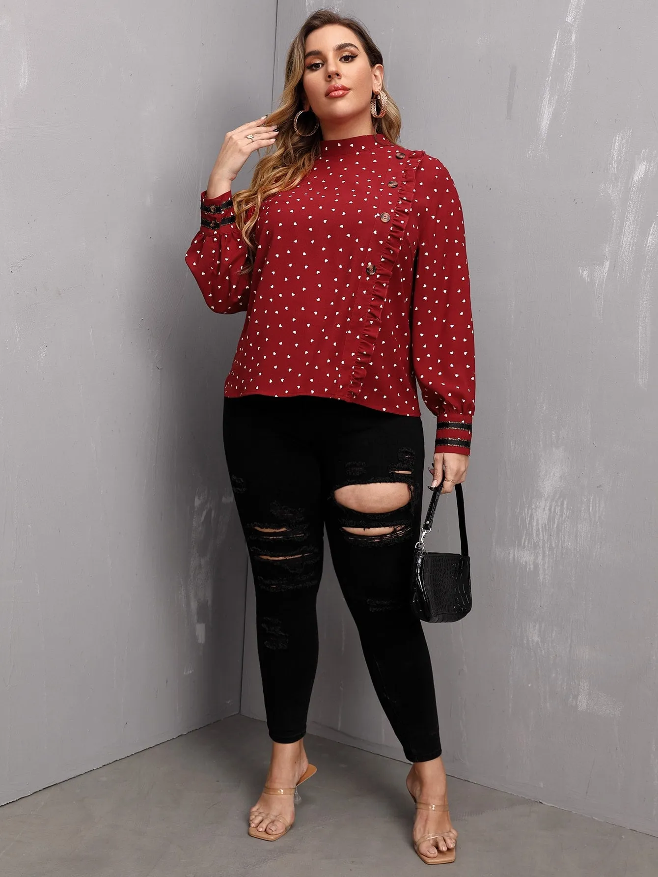 All Over Print Button Front Long Sleeve Stand Collar Regular Plus Size Blouse
