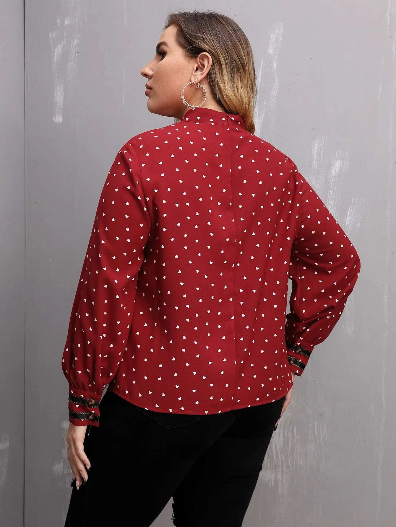 All Over Print Button Front Long Sleeve Stand Collar Regular Plus Size Blouse