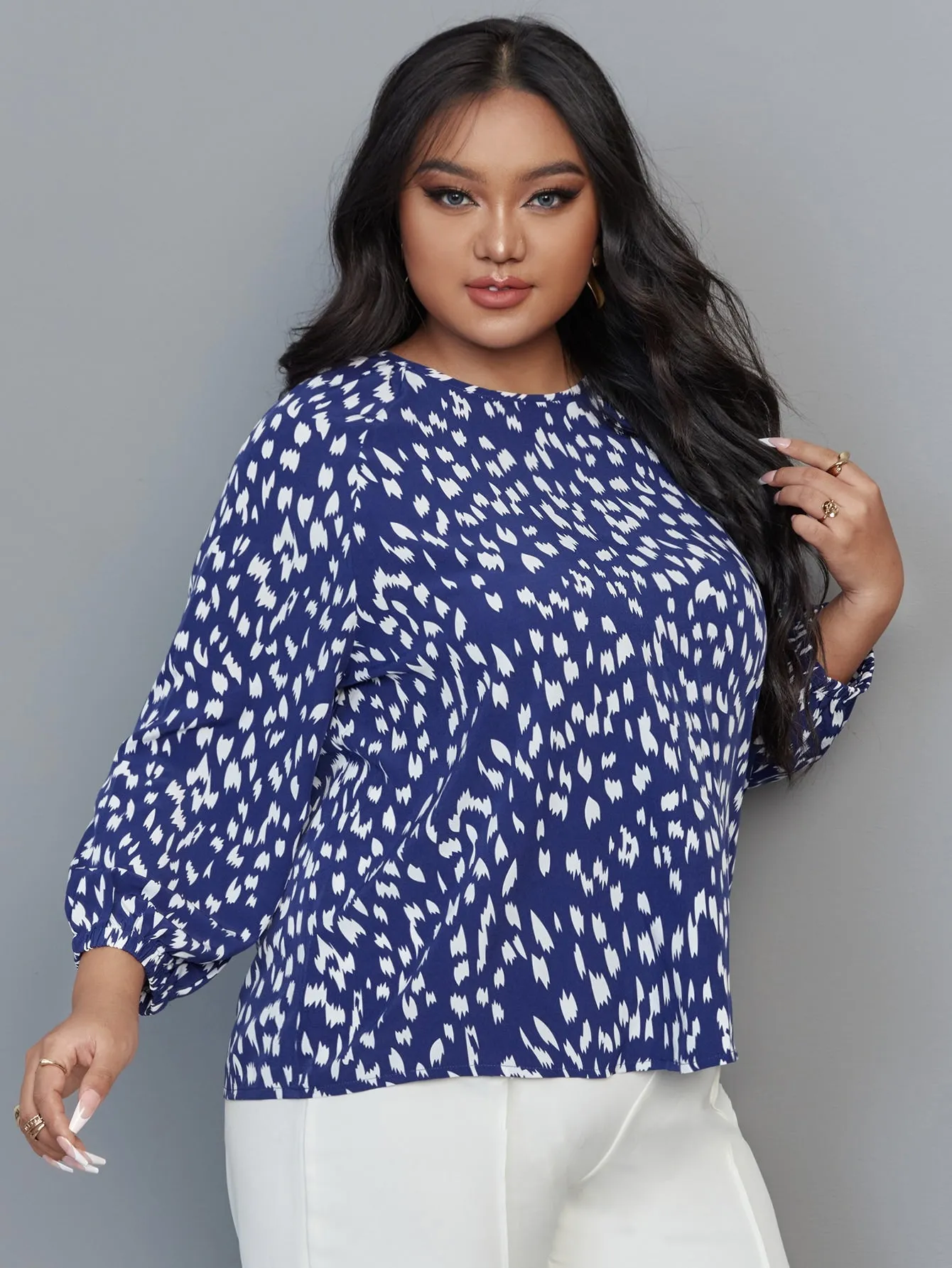 All Over Print Button Three Quarter Length Sleeve Round Neck Regular Plus Size Blouse