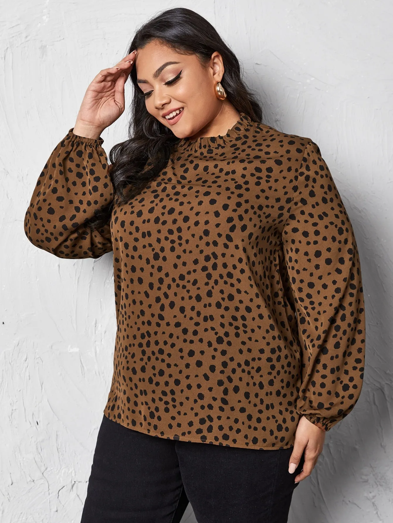All Over Print Frill Long Sleeve Stand Collar Long Plus Size Blouse