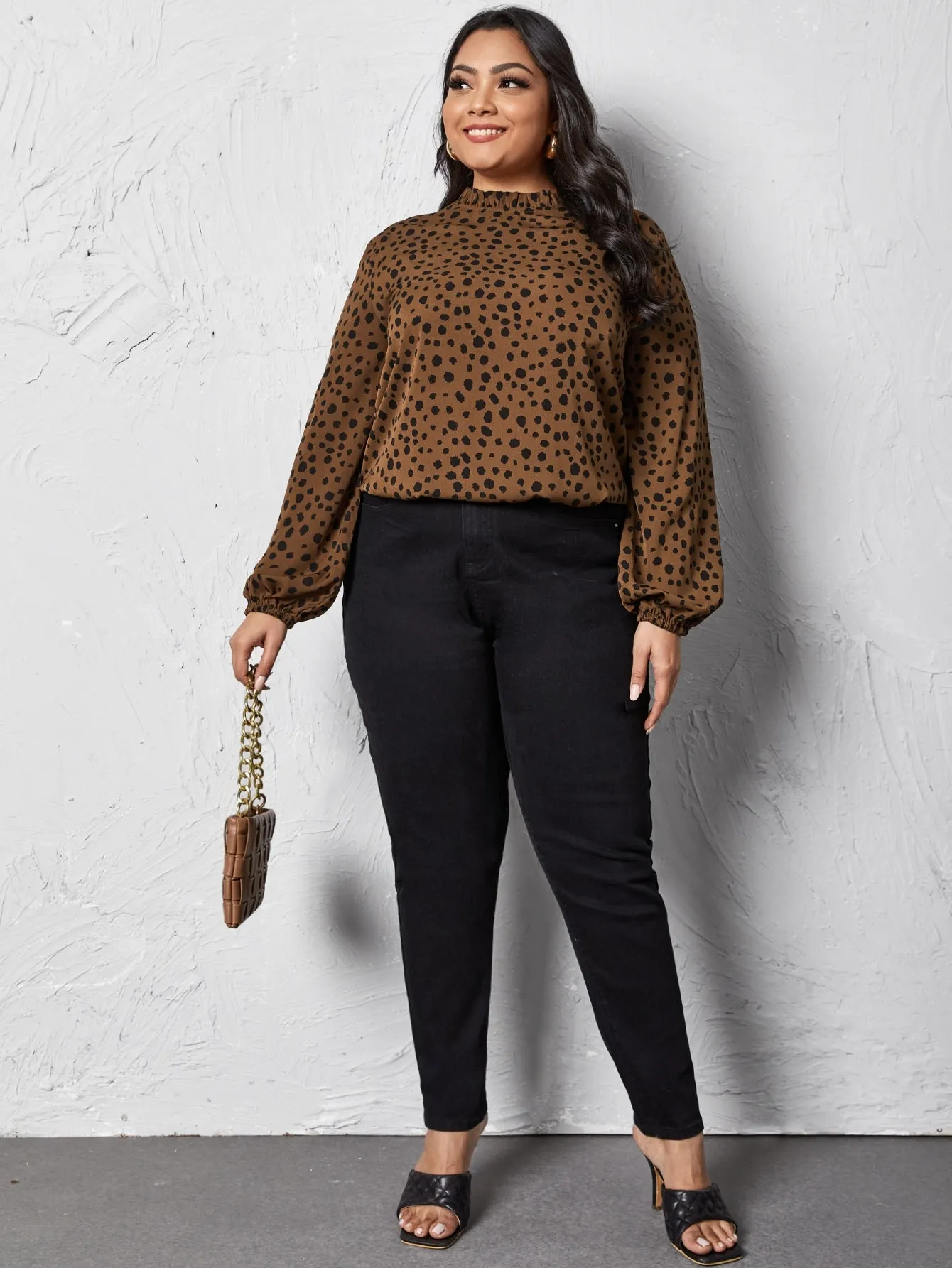 All Over Print Frill Long Sleeve Stand Collar Long Plus Size Blouse