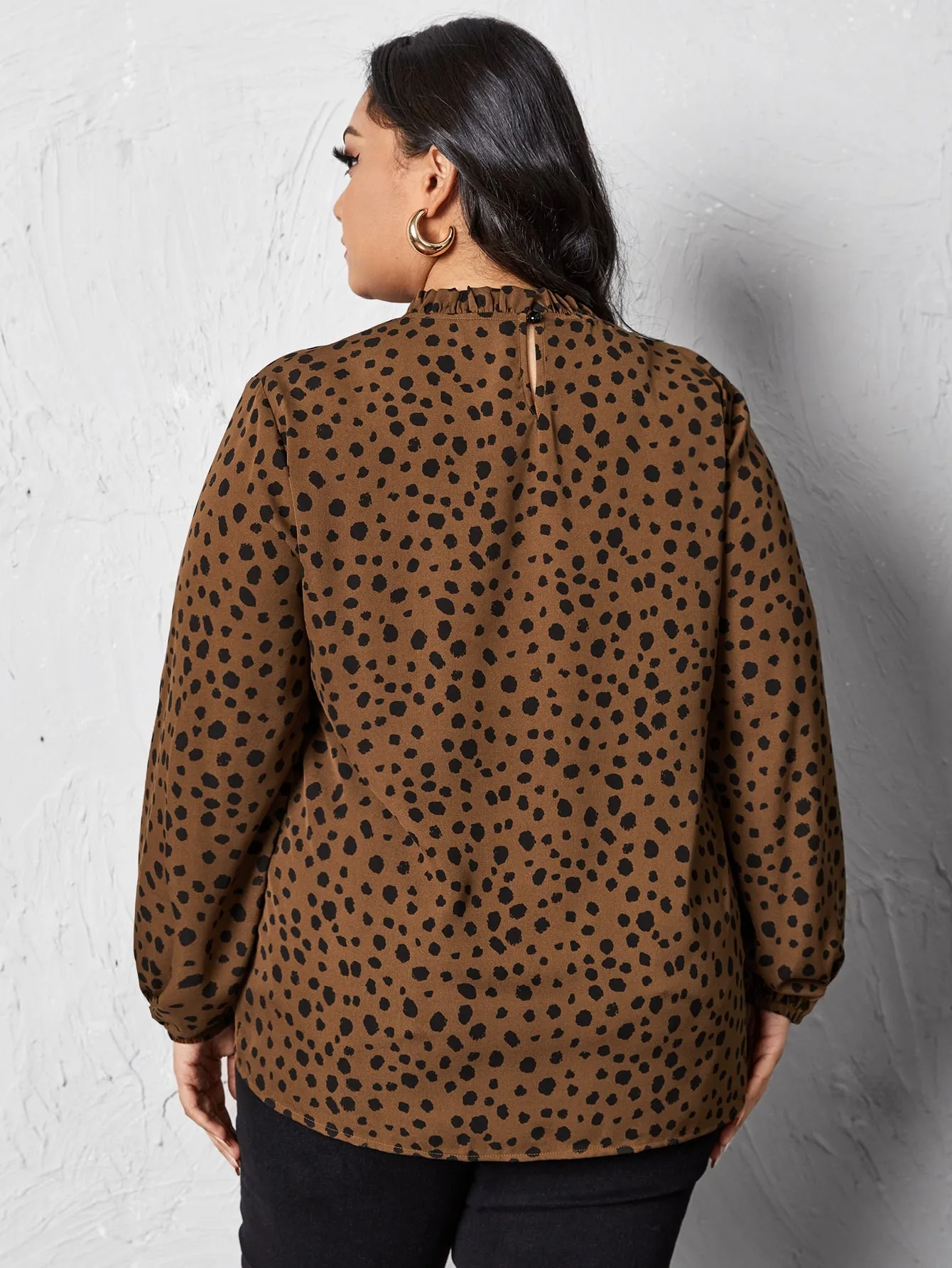 All Over Print Frill Long Sleeve Stand Collar Long Plus Size Blouse