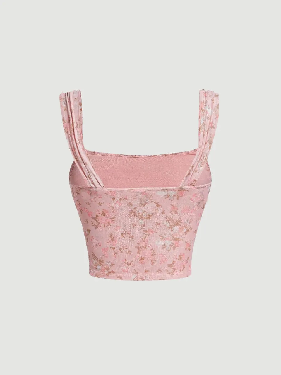 Allover Floral Print Ruched Wide Straps Top