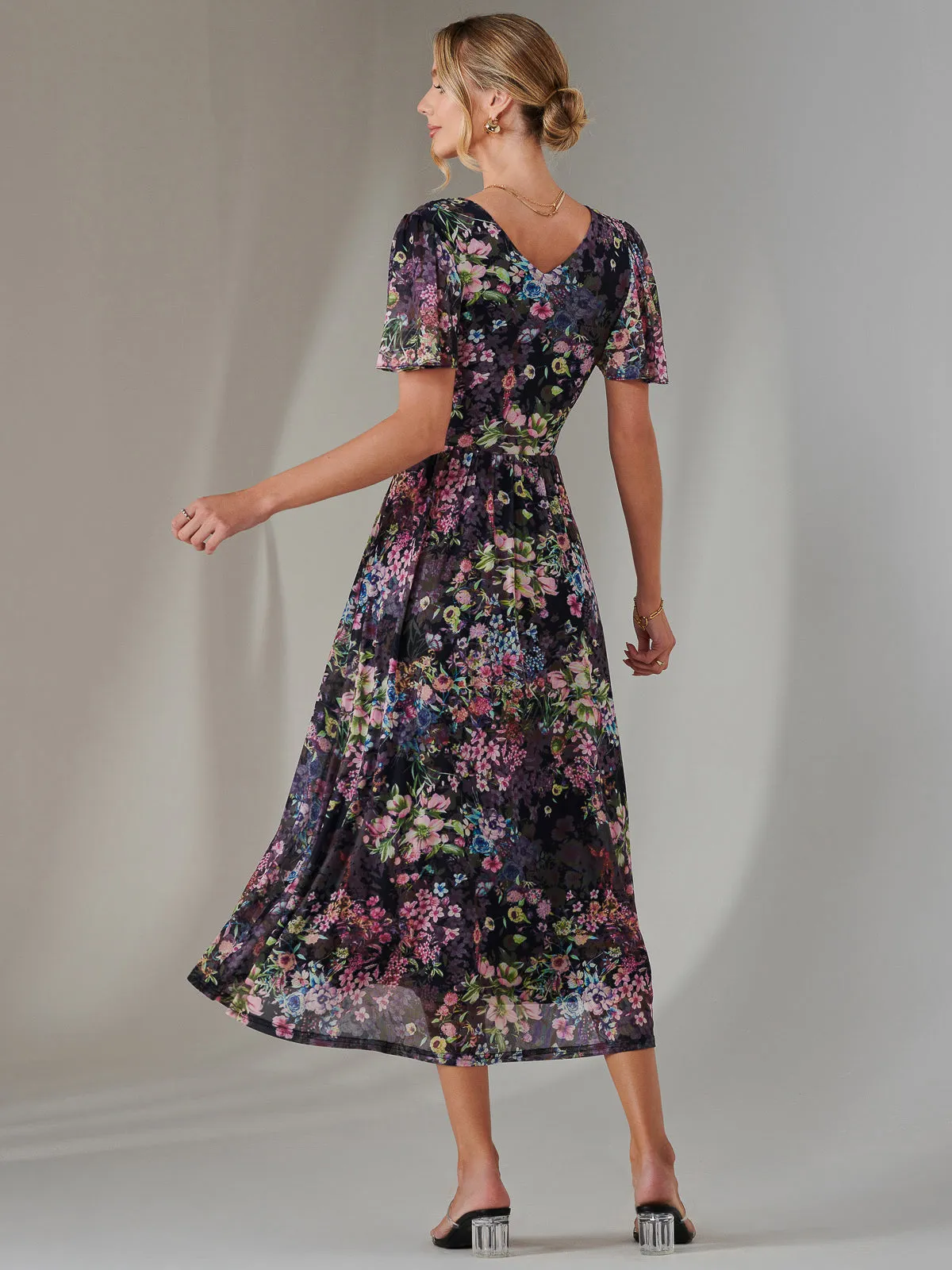 Angel Sleeve Wrap Bodice Mesh Maxi Dress, Floral Multi