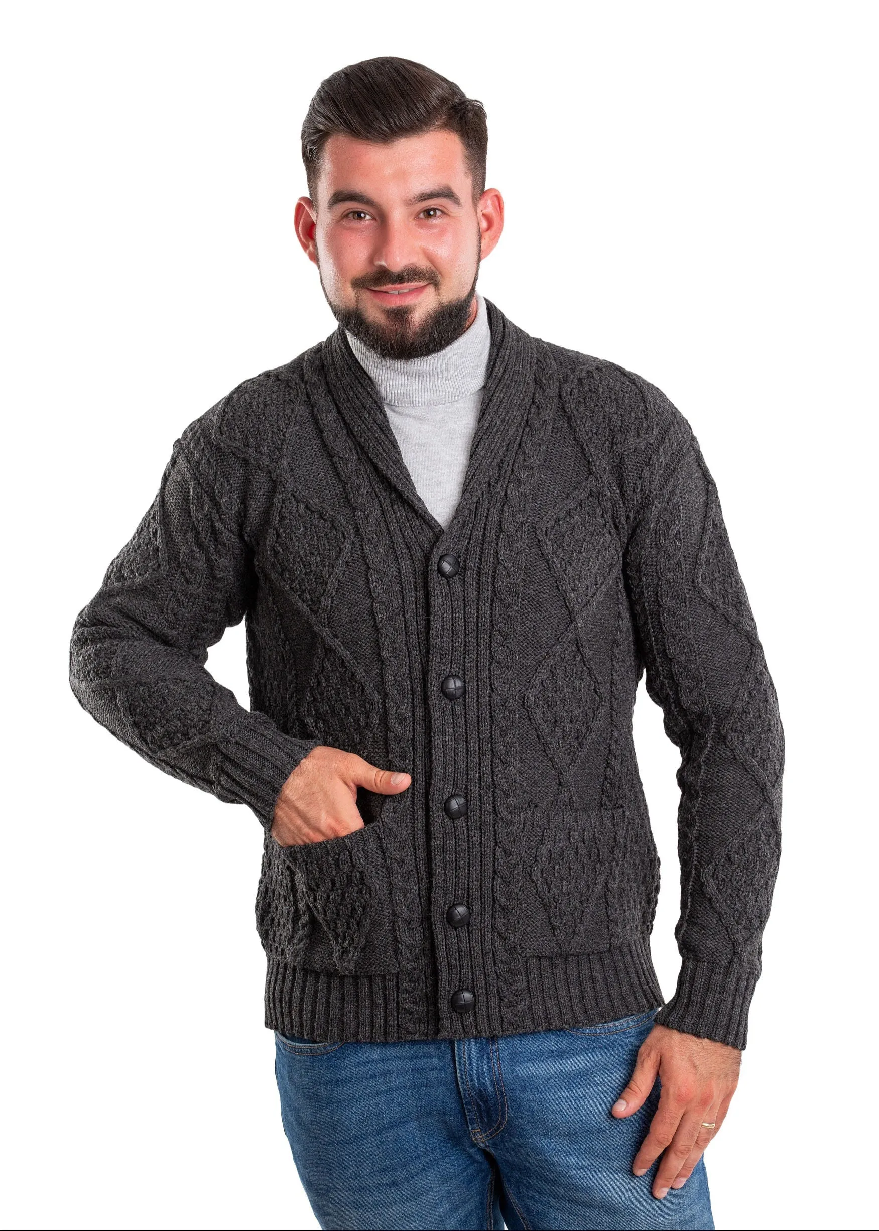 Aran Men's Shawl Button Cardigan | Charcoal