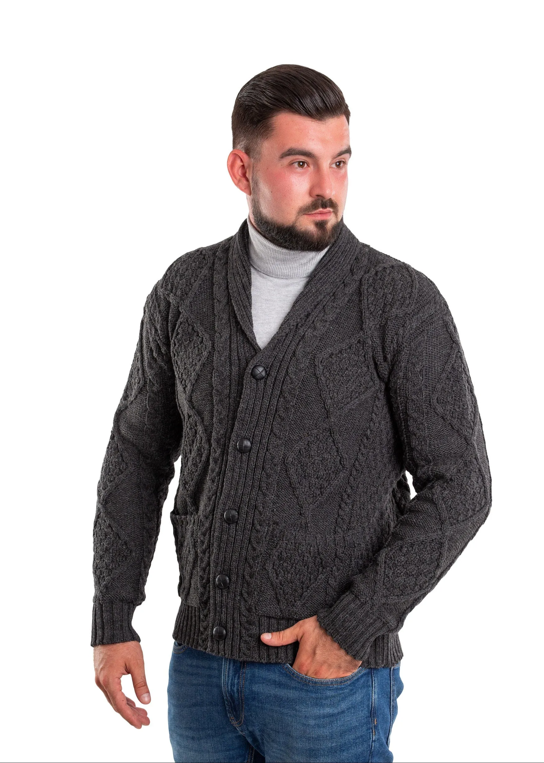 Aran Men's Shawl Button Cardigan | Charcoal