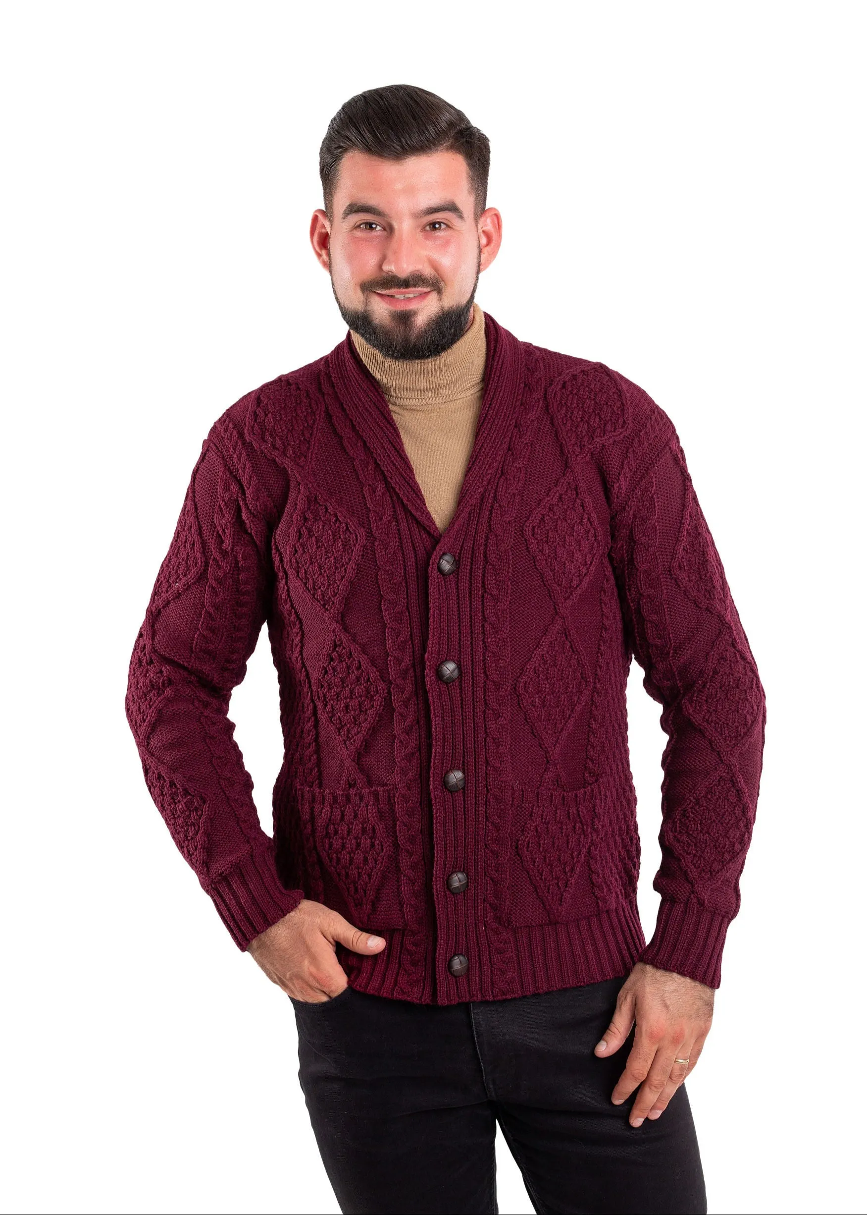 Aran Men's Shawl Button Cardigan | Wine