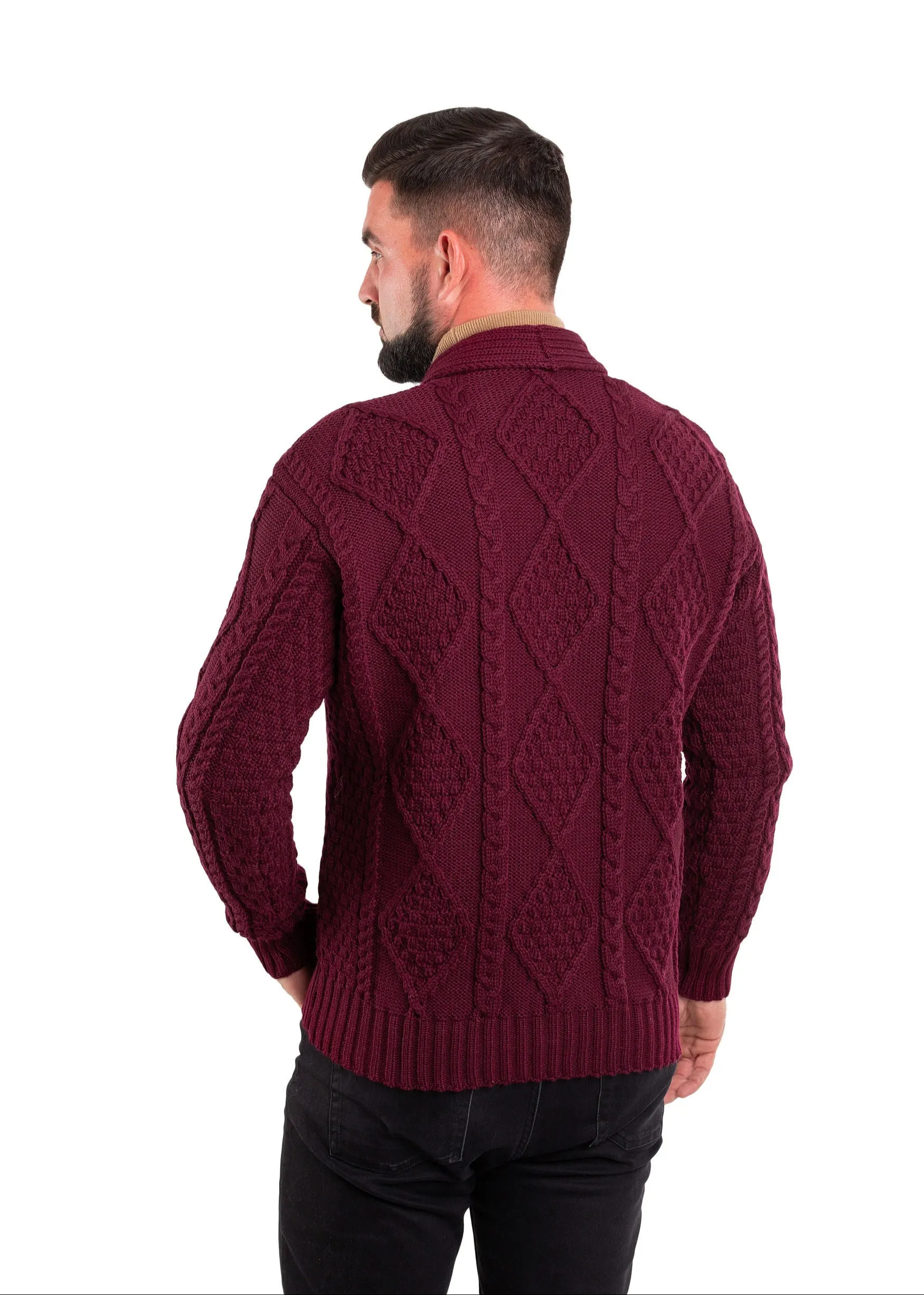 Aran Men's Shawl Button Cardigan | Wine