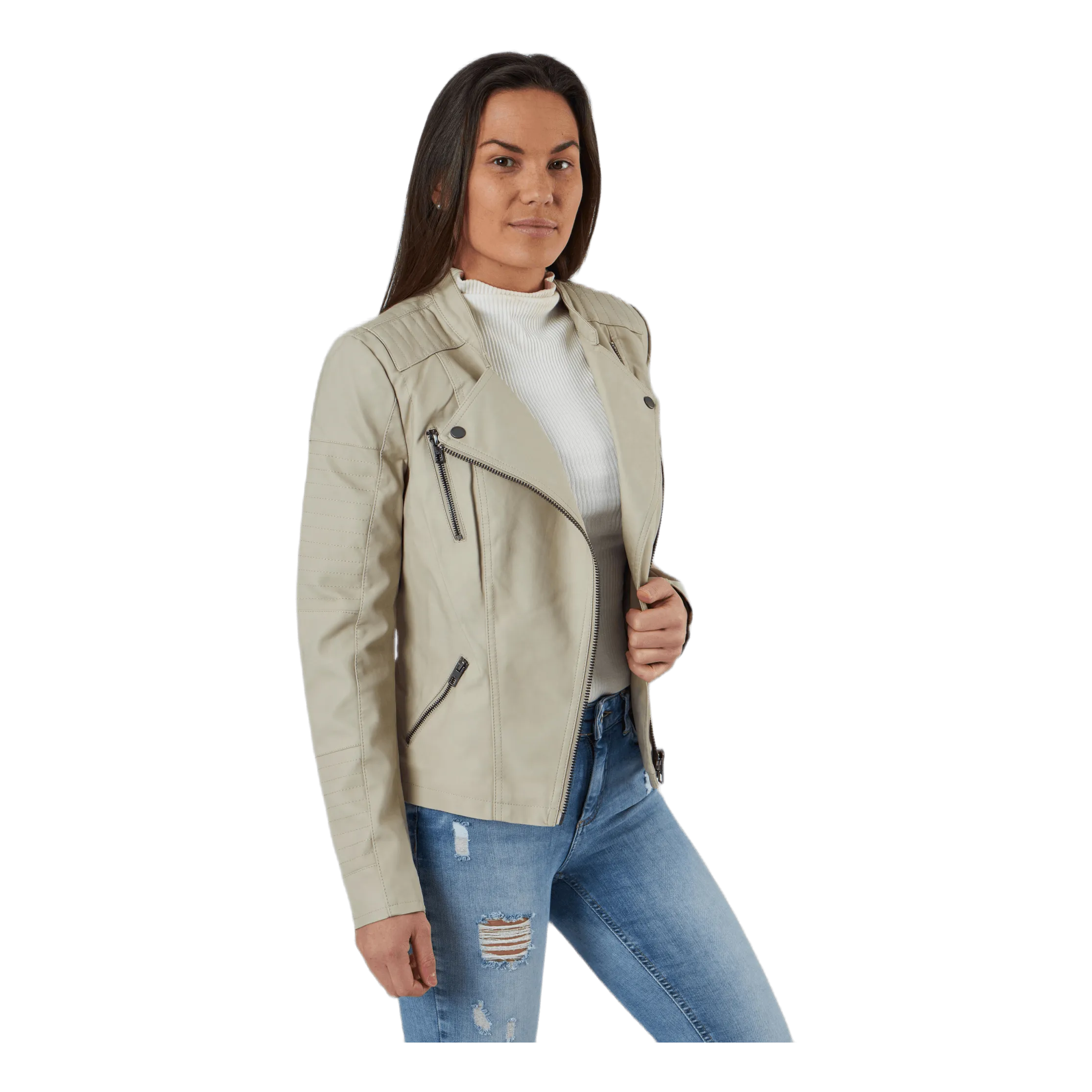 Ava Faux Leather Biker Otw Beige