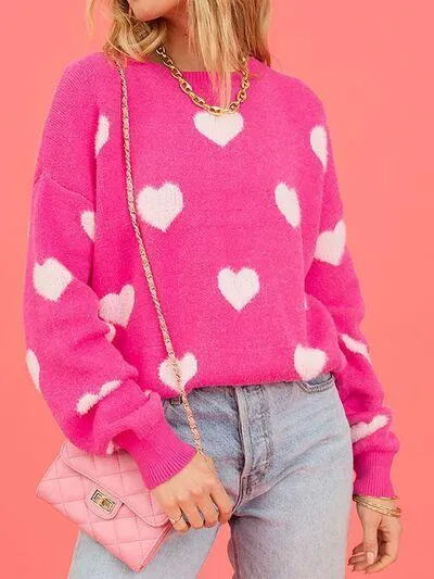 Barbiecore Pink Crew Neck Heart Sweater