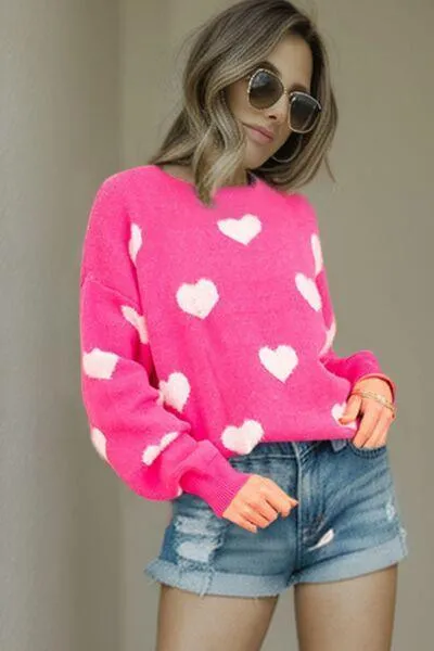 Barbiecore Pink Crew Neck Heart Sweater