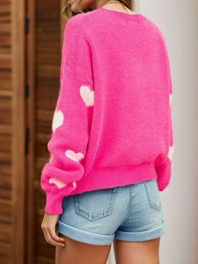 Barbiecore Pink Crew Neck Heart Sweater