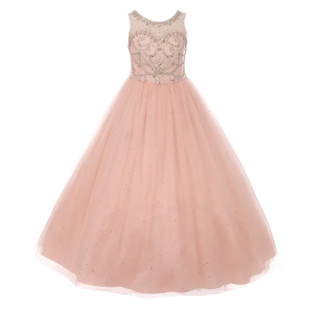 Big Girls Crystal Beading Glitter Tulle Floor Length Pageant Dress 8-10