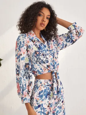 Boho Floral Button Front Long Sleeve Collar Crop Blouse