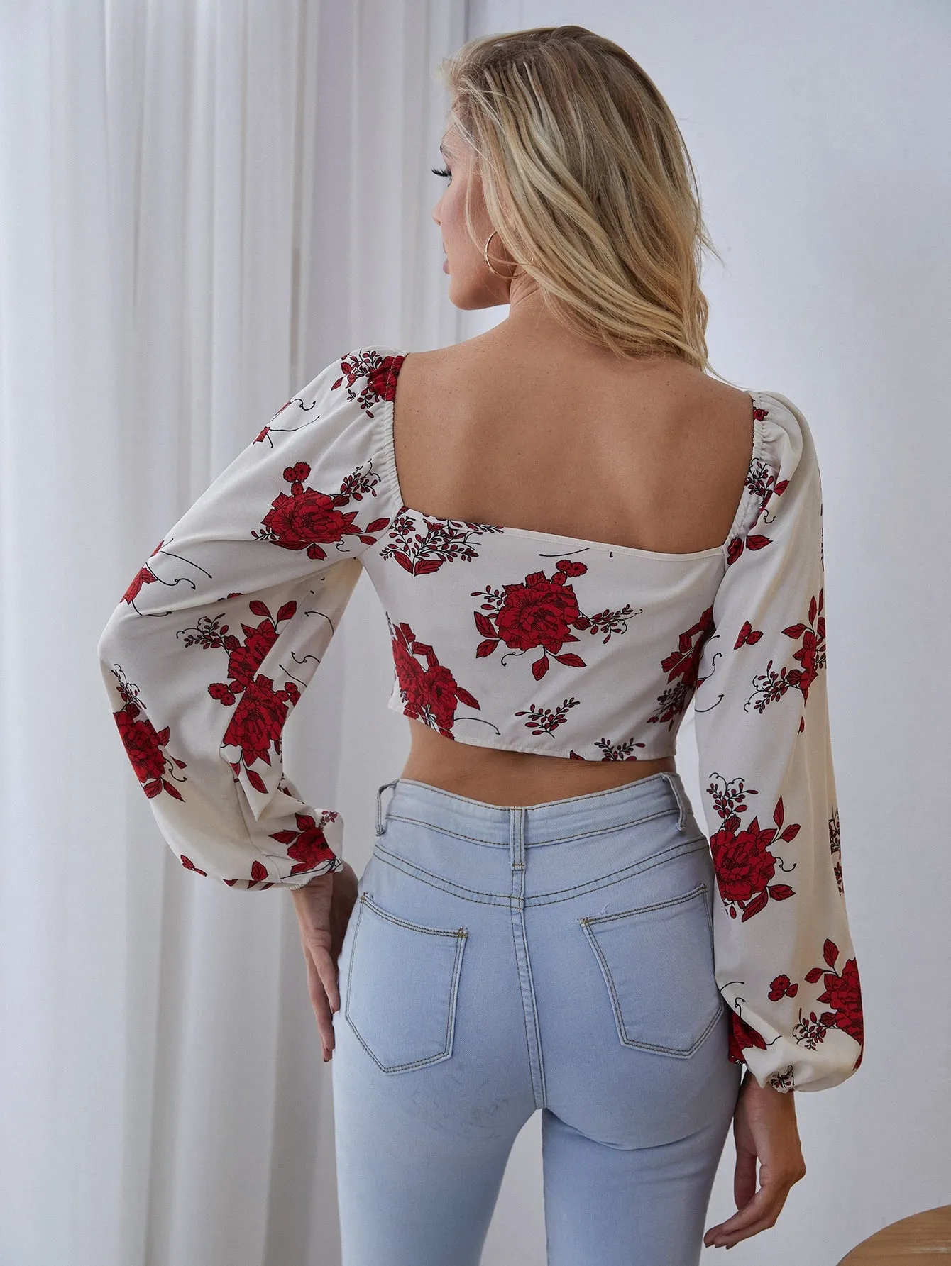 Boho Floral Zipper Long Sleeve Sweetheart Crop Blouse