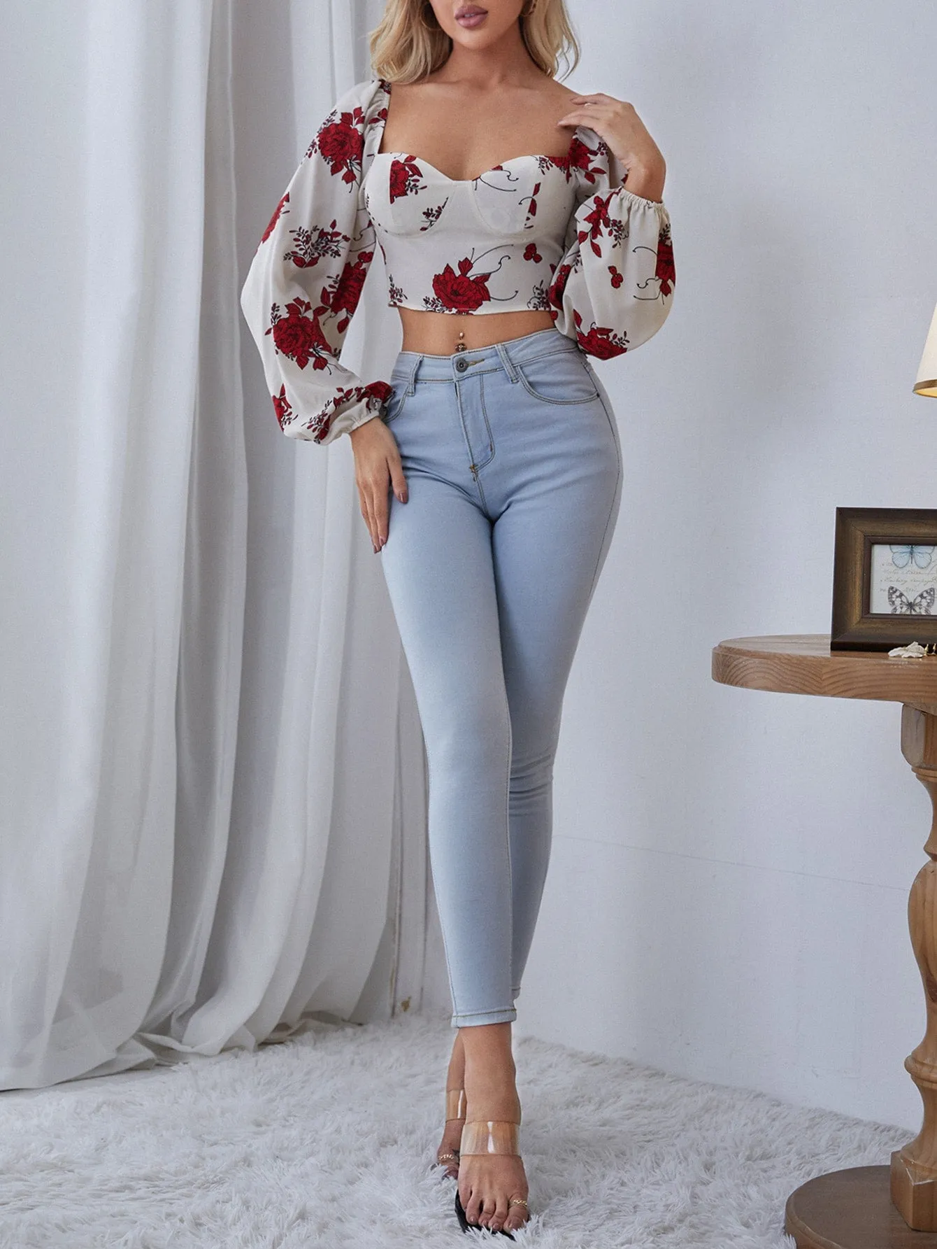 Boho Floral Zipper Long Sleeve Sweetheart Crop Blouse