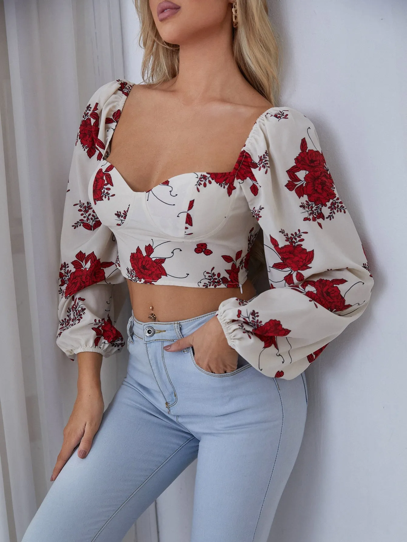 Boho Floral Zipper Long Sleeve Sweetheart Crop Blouse