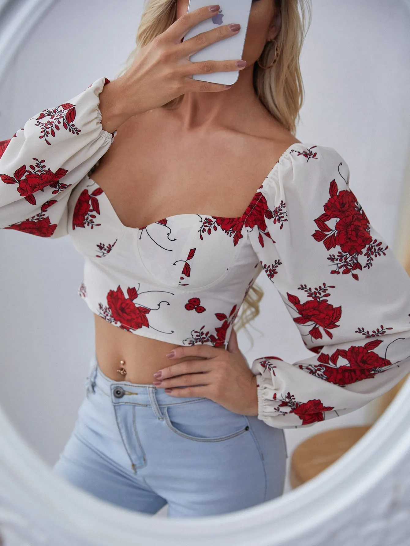 Boho Floral Zipper Long Sleeve Sweetheart Crop Blouse