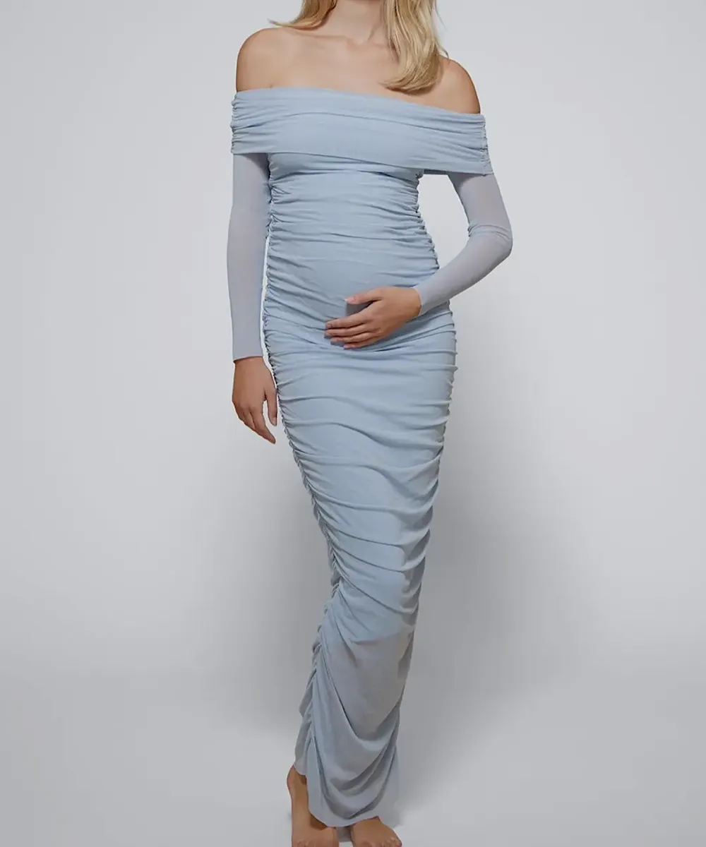 BUMPSUIT: Off the Shoulder Soft Mesh Dress (Blue)