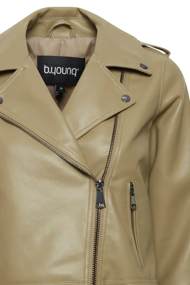 Byoung Byacomy Faux Leather Bikers Jacket Khaki