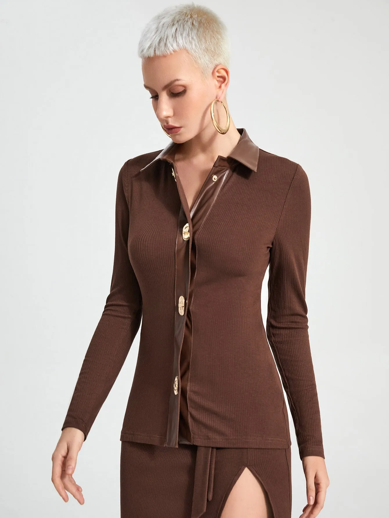 Casual Plain Button Front Long Sleeve Collar Regular Women Top