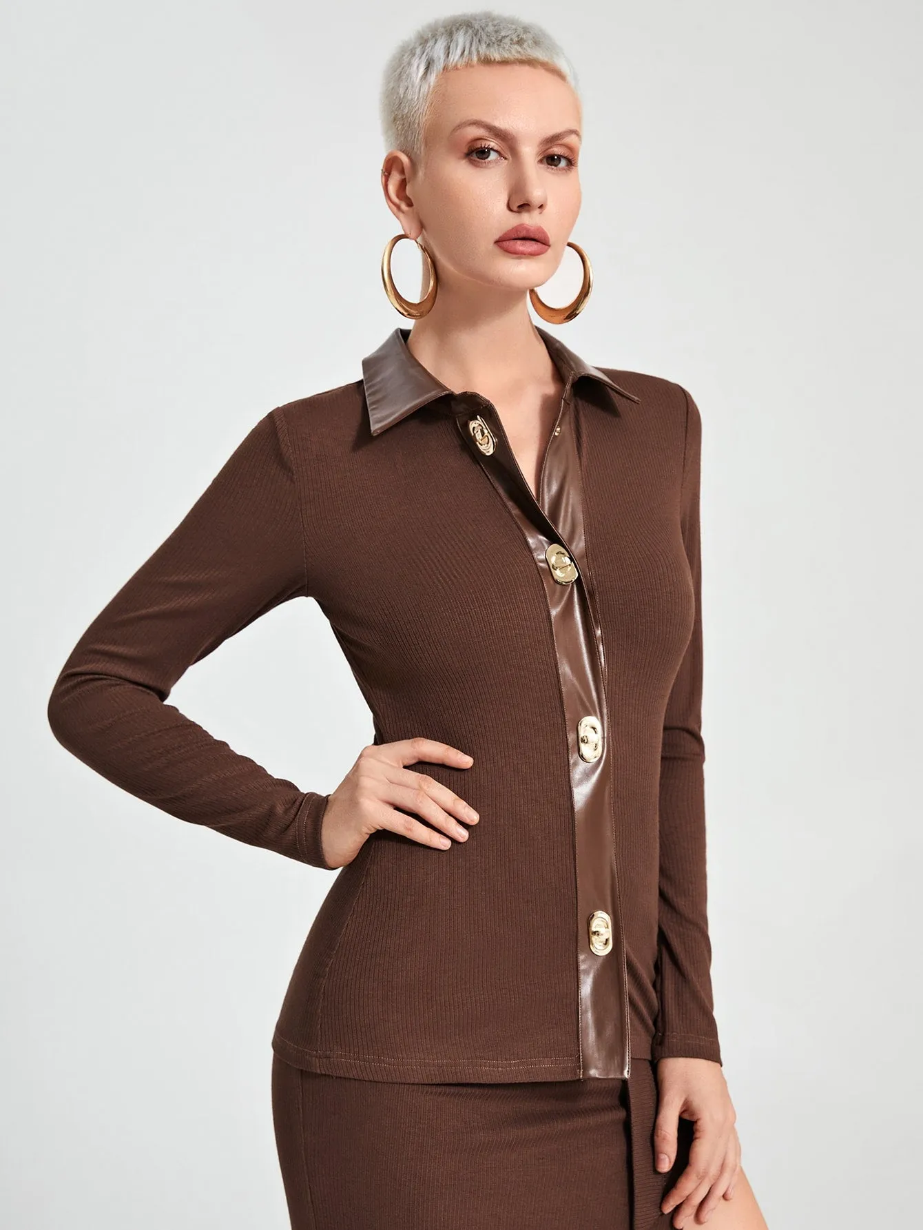 Casual Plain Button Front Long Sleeve Collar Regular Women Top