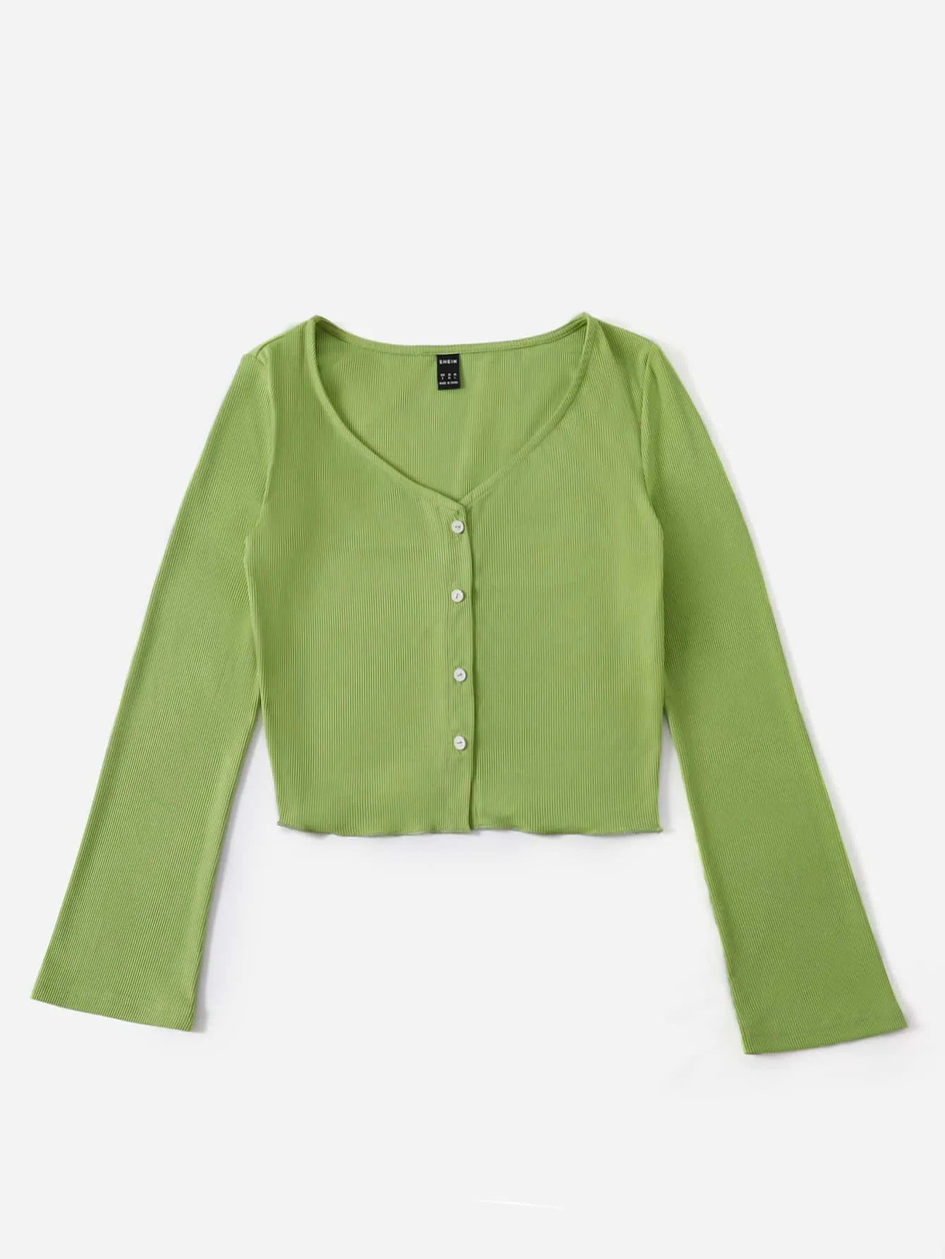 Casual Plain Button Front Long Sleeve V Neck Crop Women Top
