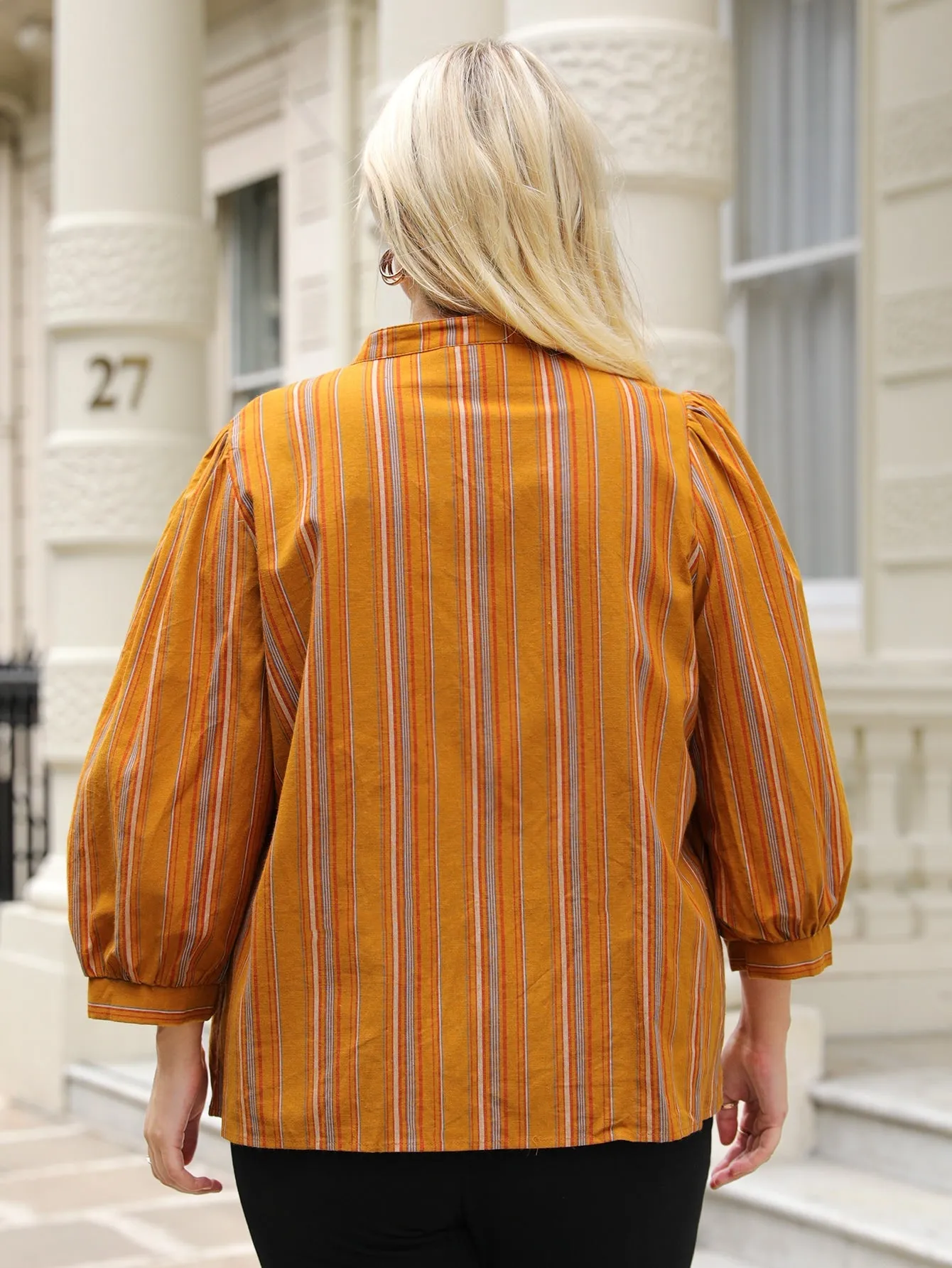Casual Striped Button Front Three Quarter Length Sleeve Stand Collar Regular Plus Size Blouse