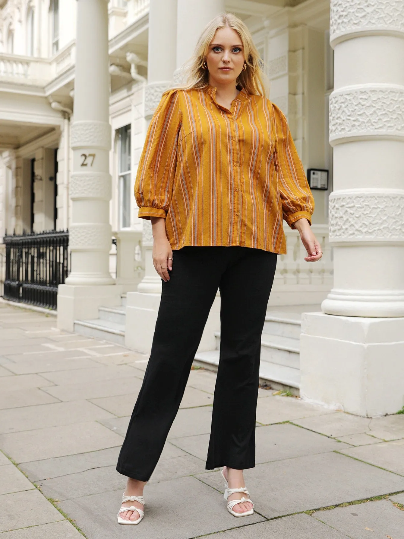 Casual Striped Button Front Three Quarter Length Sleeve Stand Collar Regular Plus Size Blouse