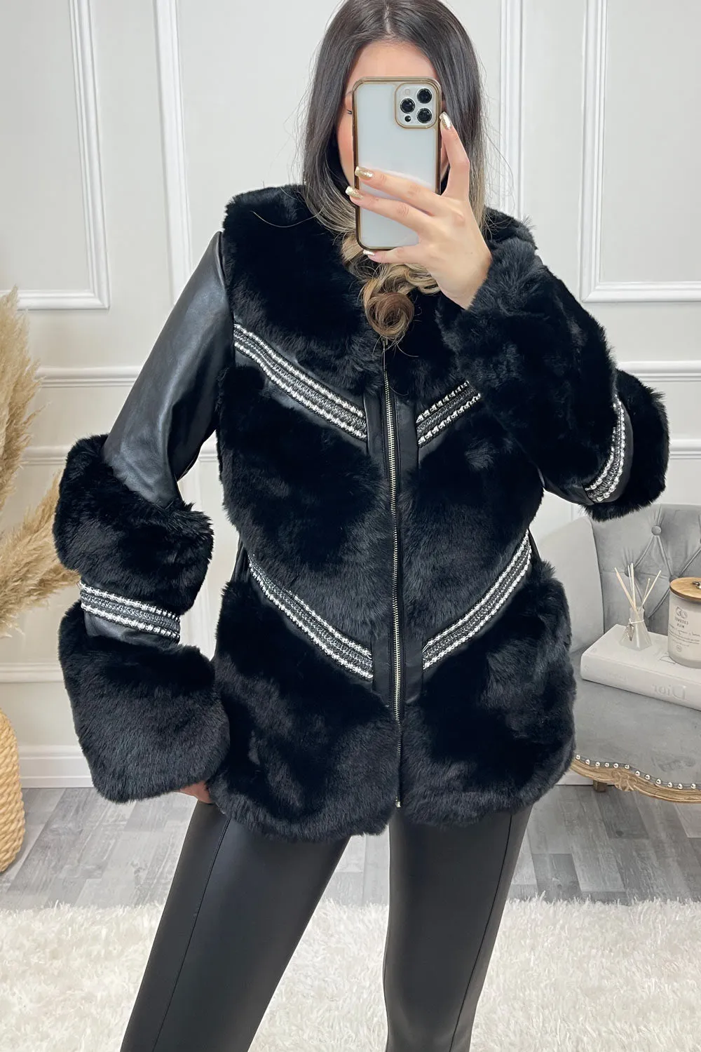 Chanice Black Chevron Faux Fur Faux Leather Studded Coat
