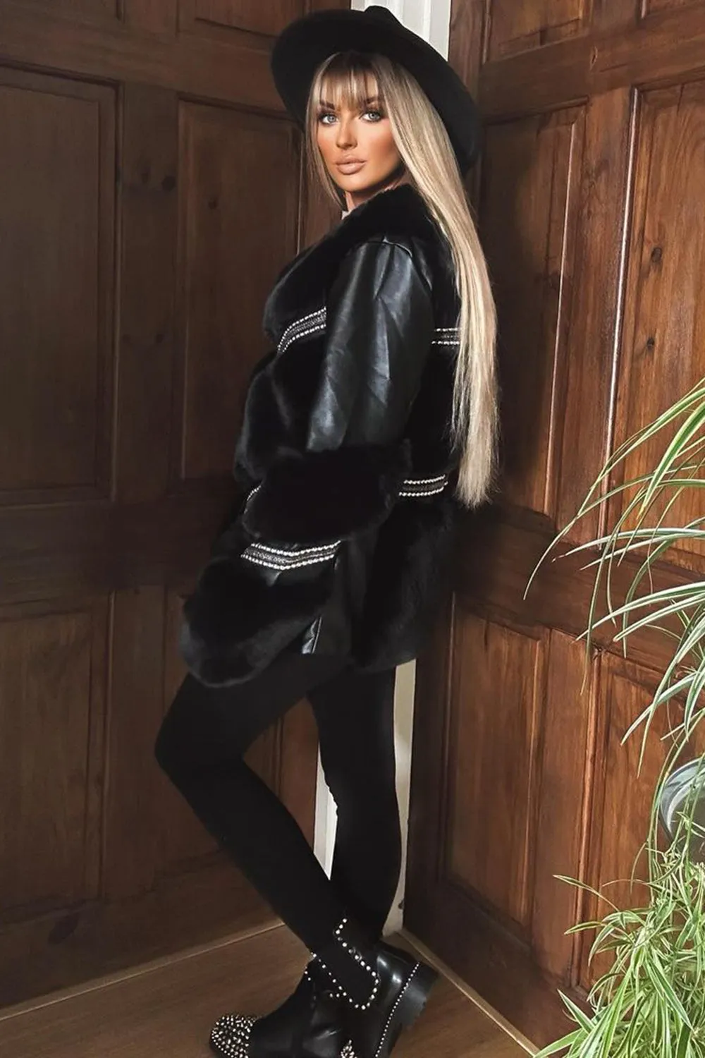 Chanice Black Chevron Faux Fur Faux Leather Studded Coat