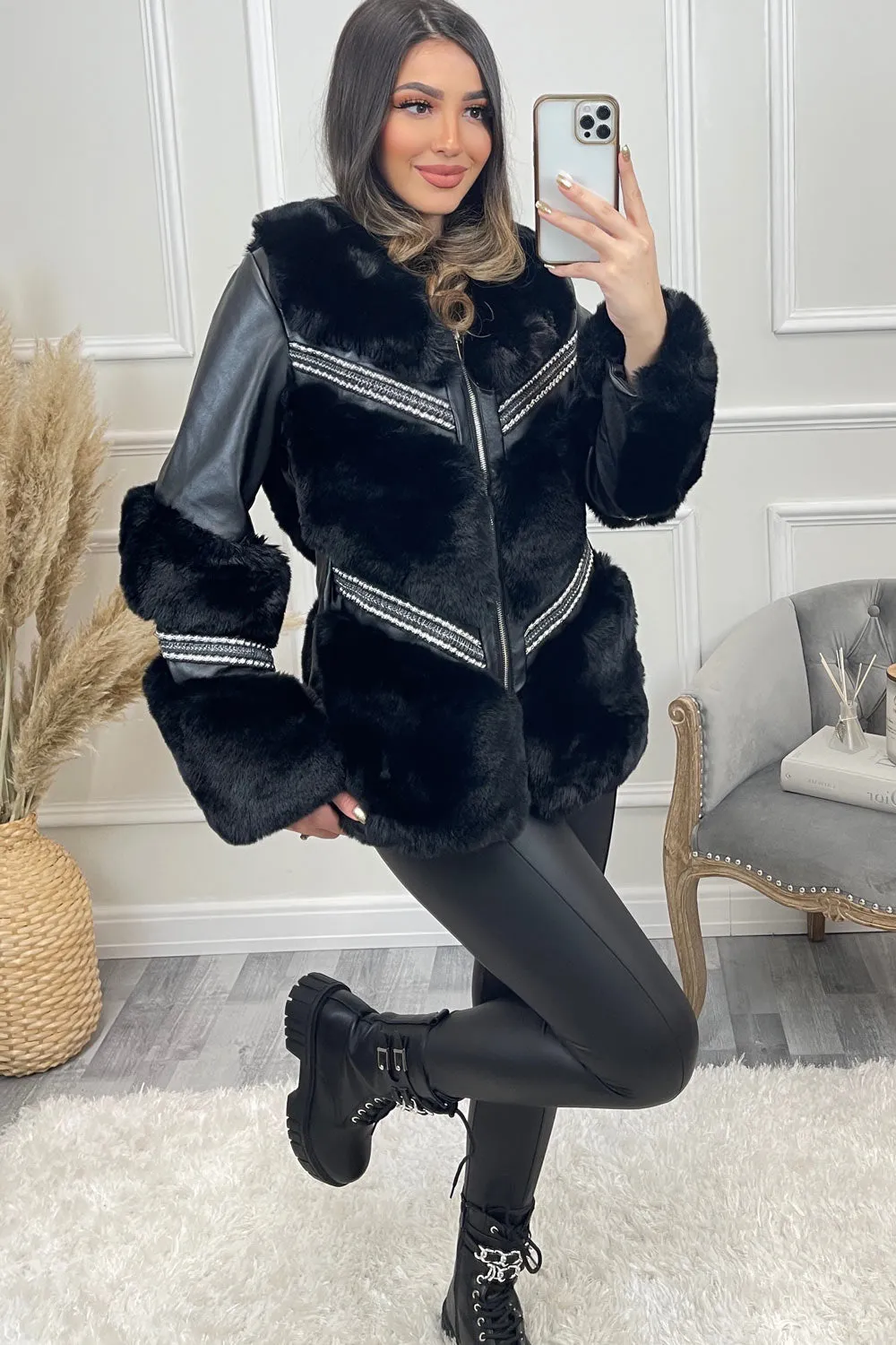 Chanice Black Chevron Faux Fur Faux Leather Studded Coat
