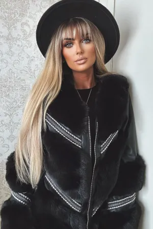 Chanice Black Chevron Faux Fur Faux Leather Studded Coat