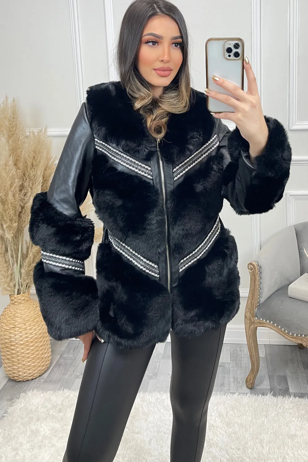 Chanice Black Chevron Faux Fur Faux Leather Studded Coat