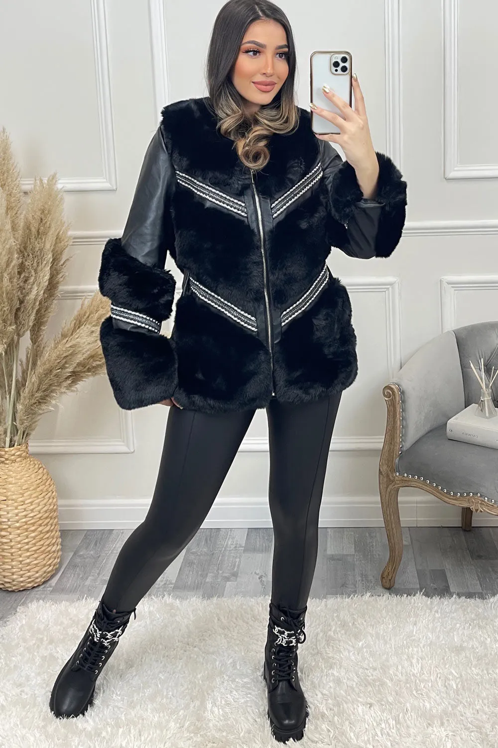 Chanice Black Chevron Faux Fur Faux Leather Studded Coat