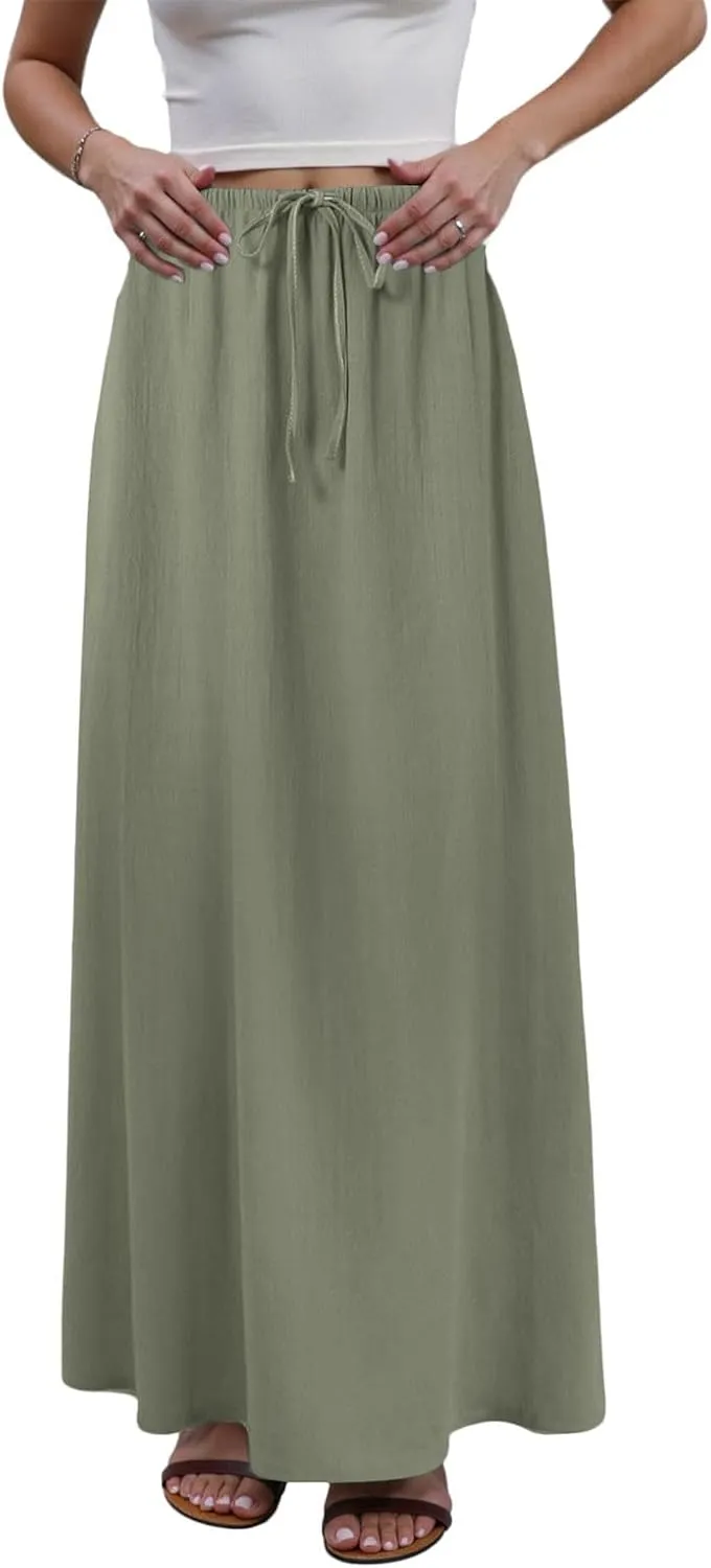 cooki Linen Flared Maxi Skirts for Women Summer Casual Vacation Boho Elastic Waist Drawstring Long Flowy Ankle-Length Skirt