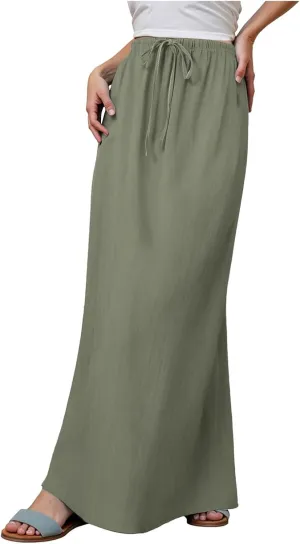 cooki Linen Flared Maxi Skirts for Women Summer Casual Vacation Boho Elastic Waist Drawstring Long Flowy Ankle-Length Skirt