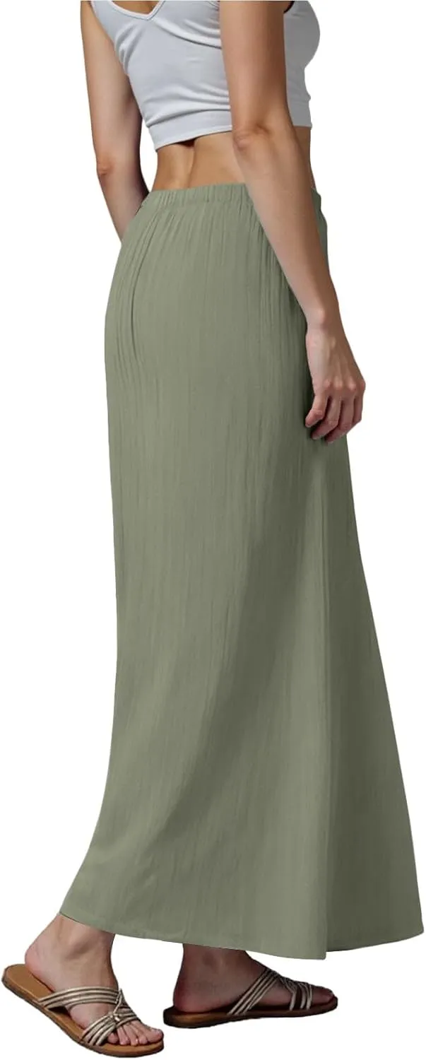 cooki Linen Flared Maxi Skirts for Women Summer Casual Vacation Boho Elastic Waist Drawstring Long Flowy Ankle-Length Skirt